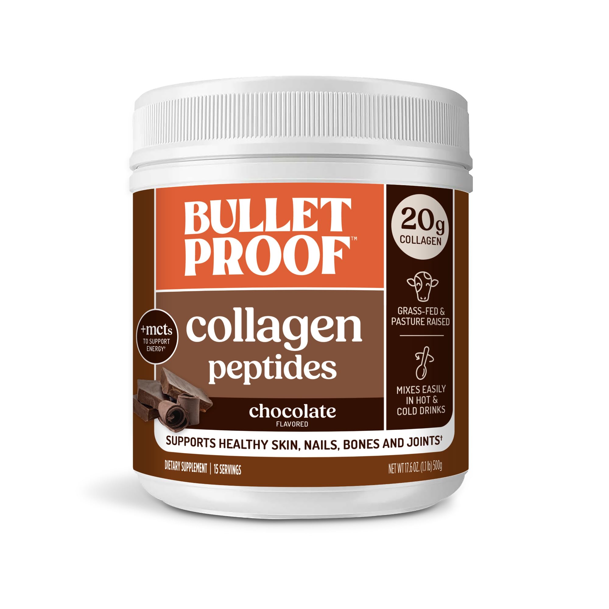 Bulletproof Chocolate Collagen Powder bottle for daily protein support in keto routines.