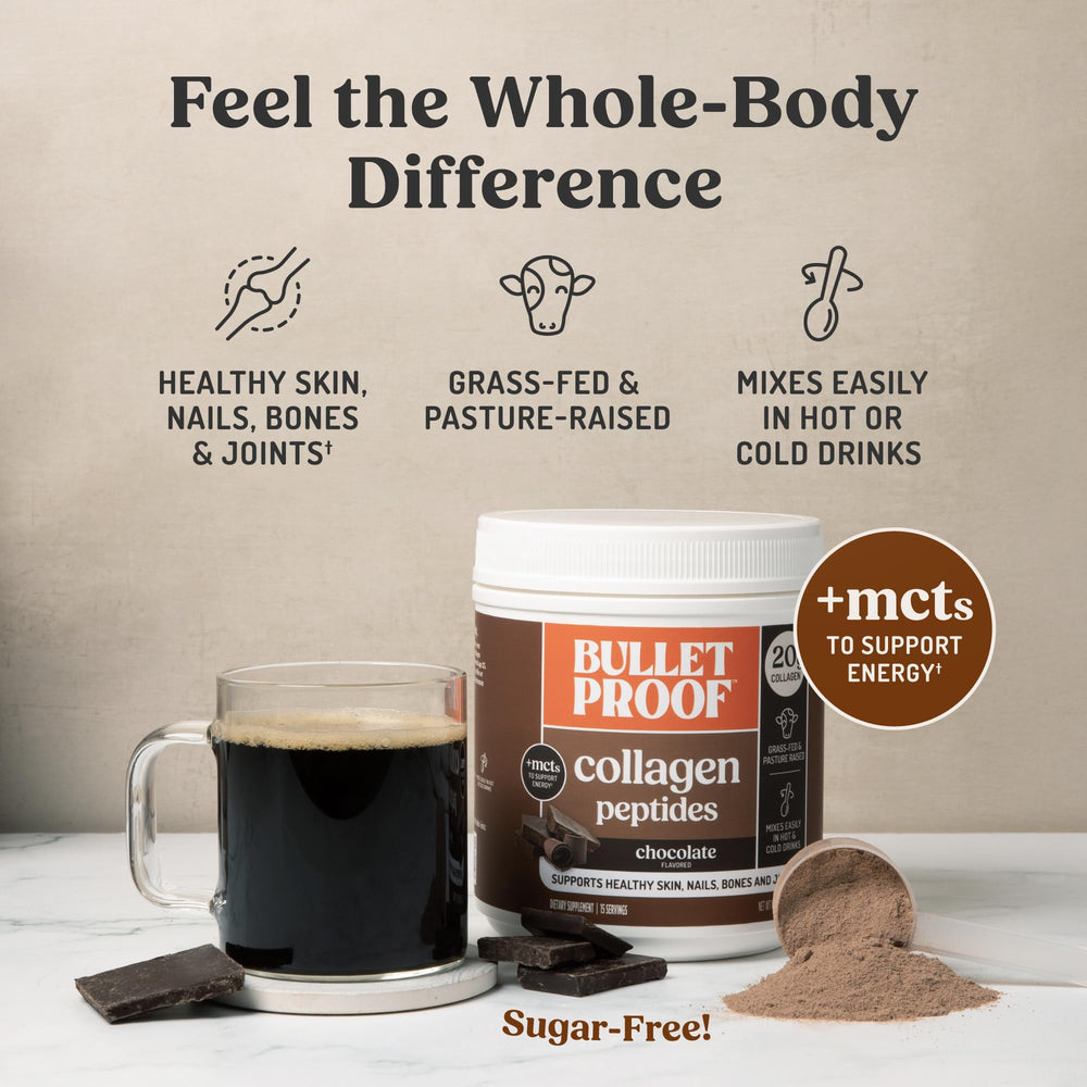 Bulletproof Chocolate Collagen Powder dissolving in hot water for a silky mix.