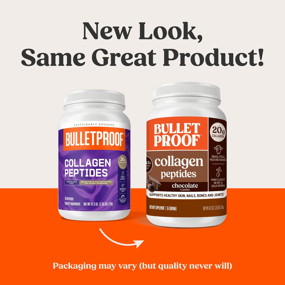 Bulletproof Chocolate Collagen Powder label close-up emphasizes collagen types I and III.