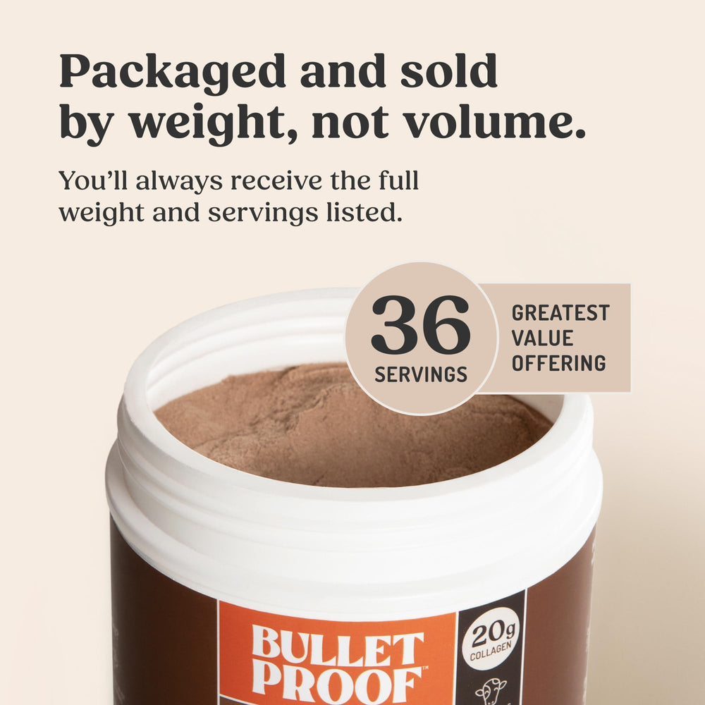 Bulletproof Chocolate Collagen Powder nutrition panel close-up highlights amino acids for daily nourishment.