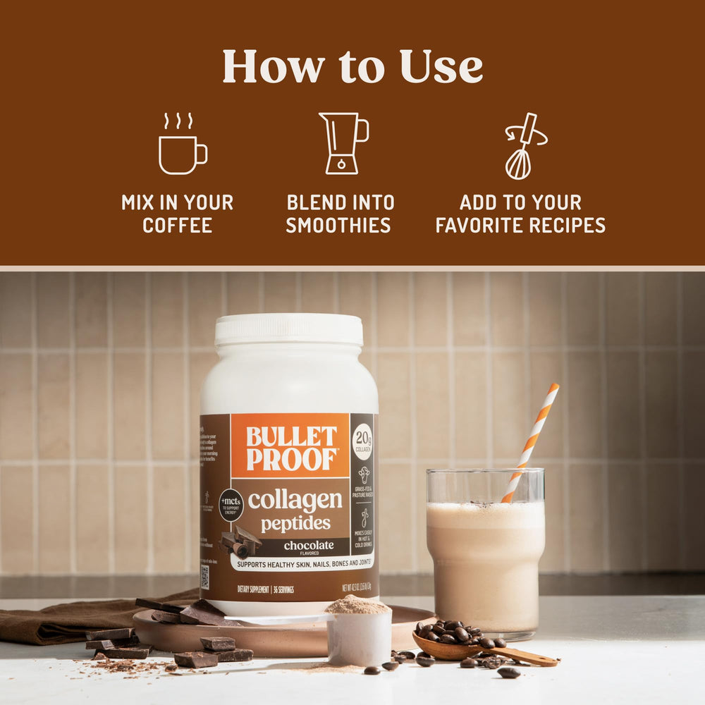 Bulletproof Chocolate Collagen Powder blended into smoothie for protein-rich flavor.