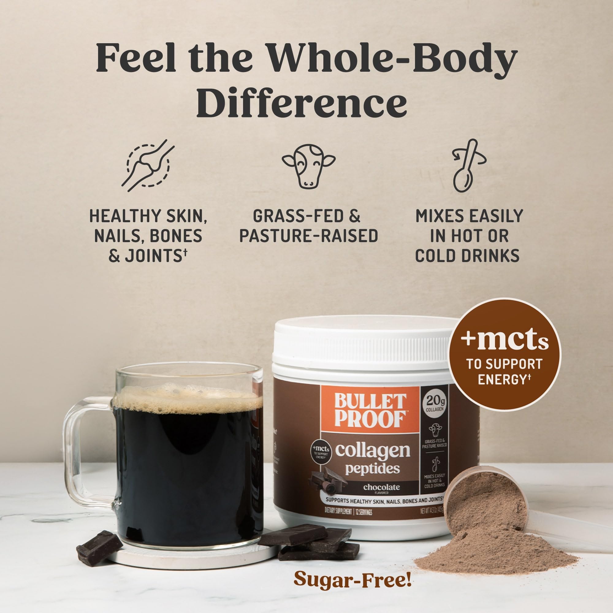 Bulletproof Chocolate Collagen Smoothie highlights protein-rich blend enhancement.