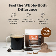 Bulletproof Chocolate Collagen Smoothie highlights protein-rich blend enhancement.