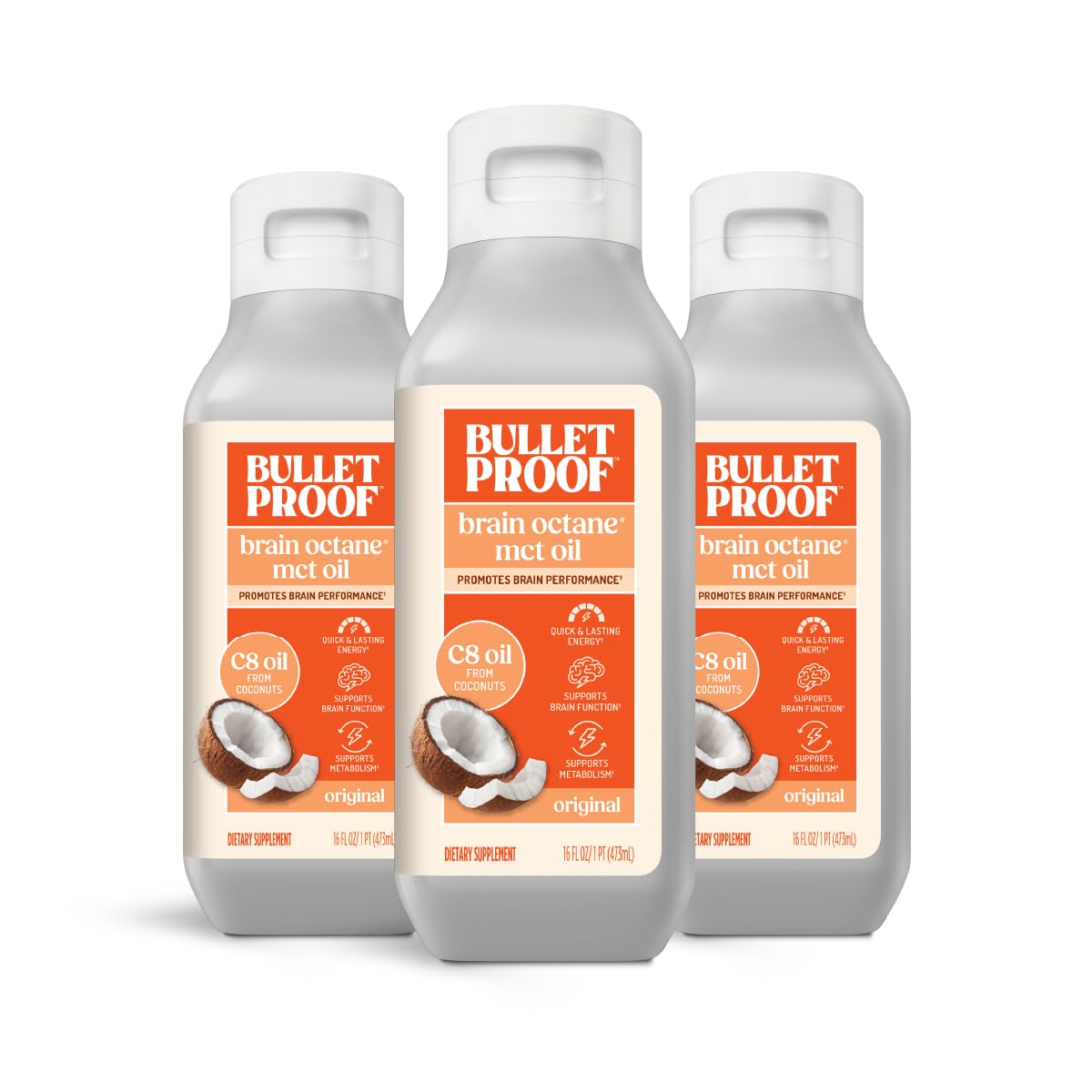 Bulletproof Coconut Brain Octane bottle front view for sustained energy