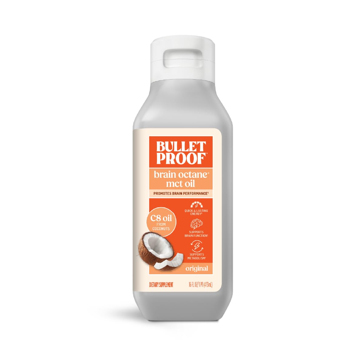 Bulletproof Coconut Brain Octane bottle on kitchen counter for sustained energy.