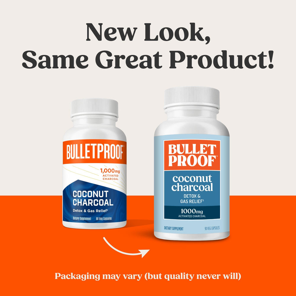 Bulletproof coconut charcoal capsules close-up highlighting convenient daily dosing