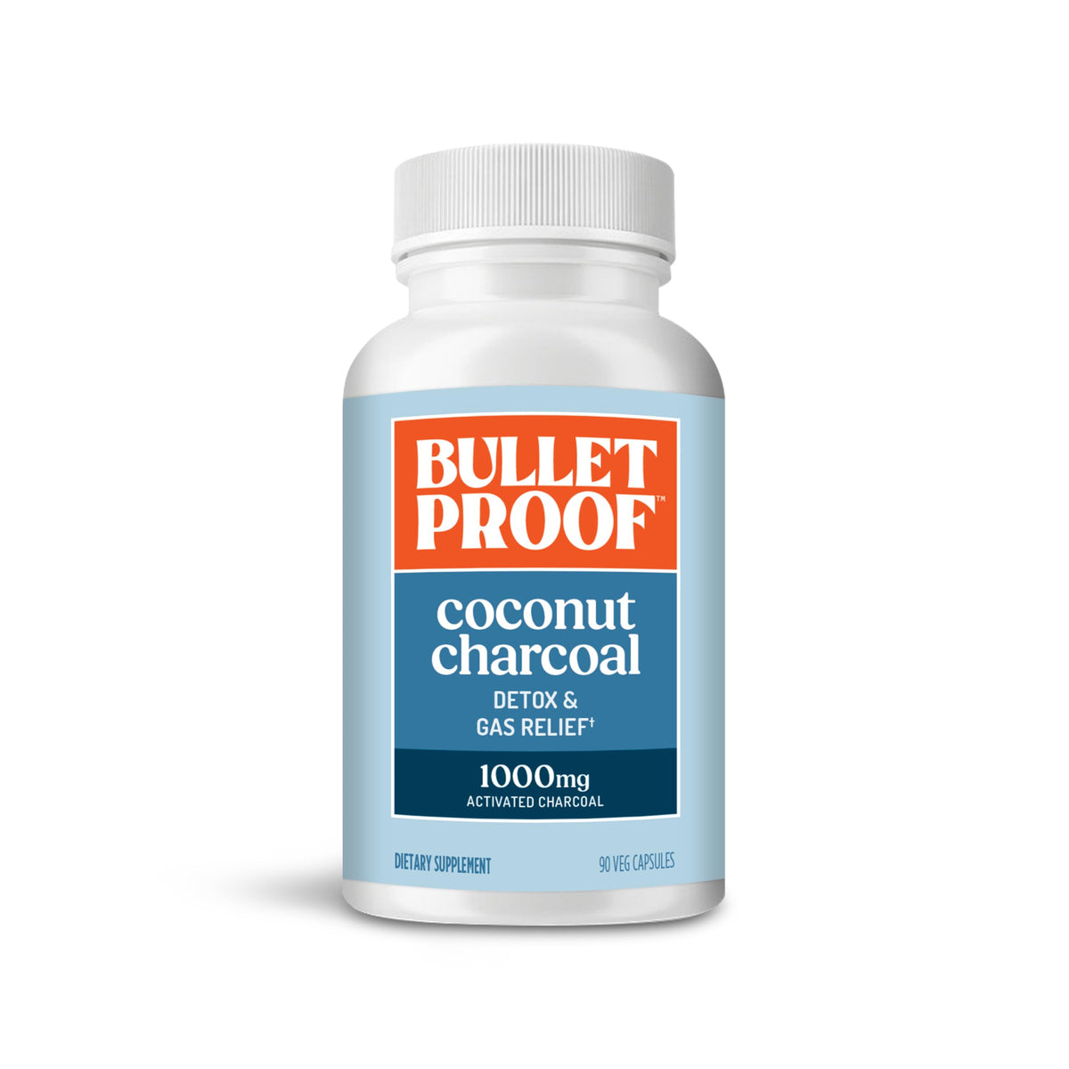 Bulletproof Coconut Charcoal Detox bottle showcases 90-count capsules for digestive comfort