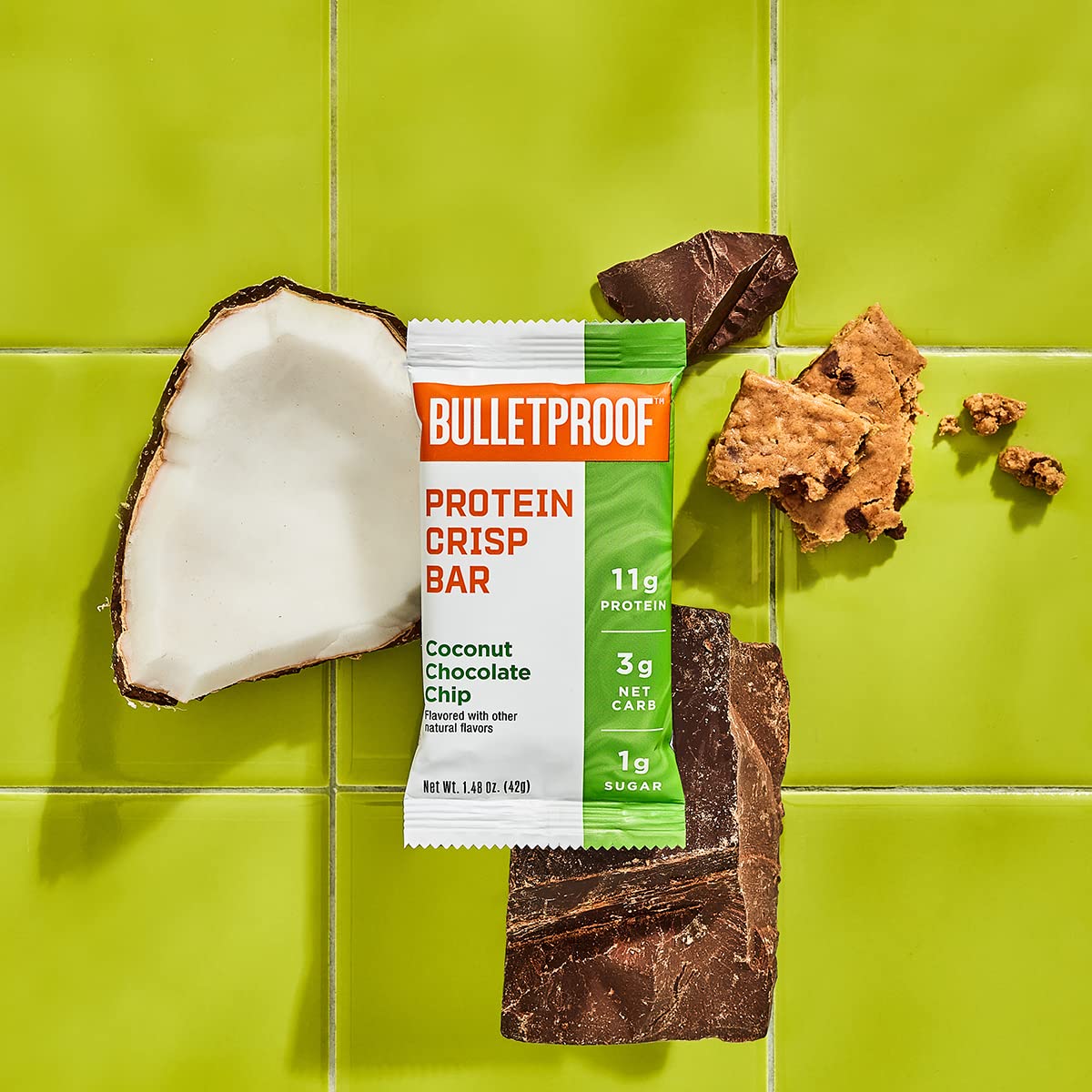 Bulletproof bars textured-crisp inside shows satisfying bite and coconut flavor
