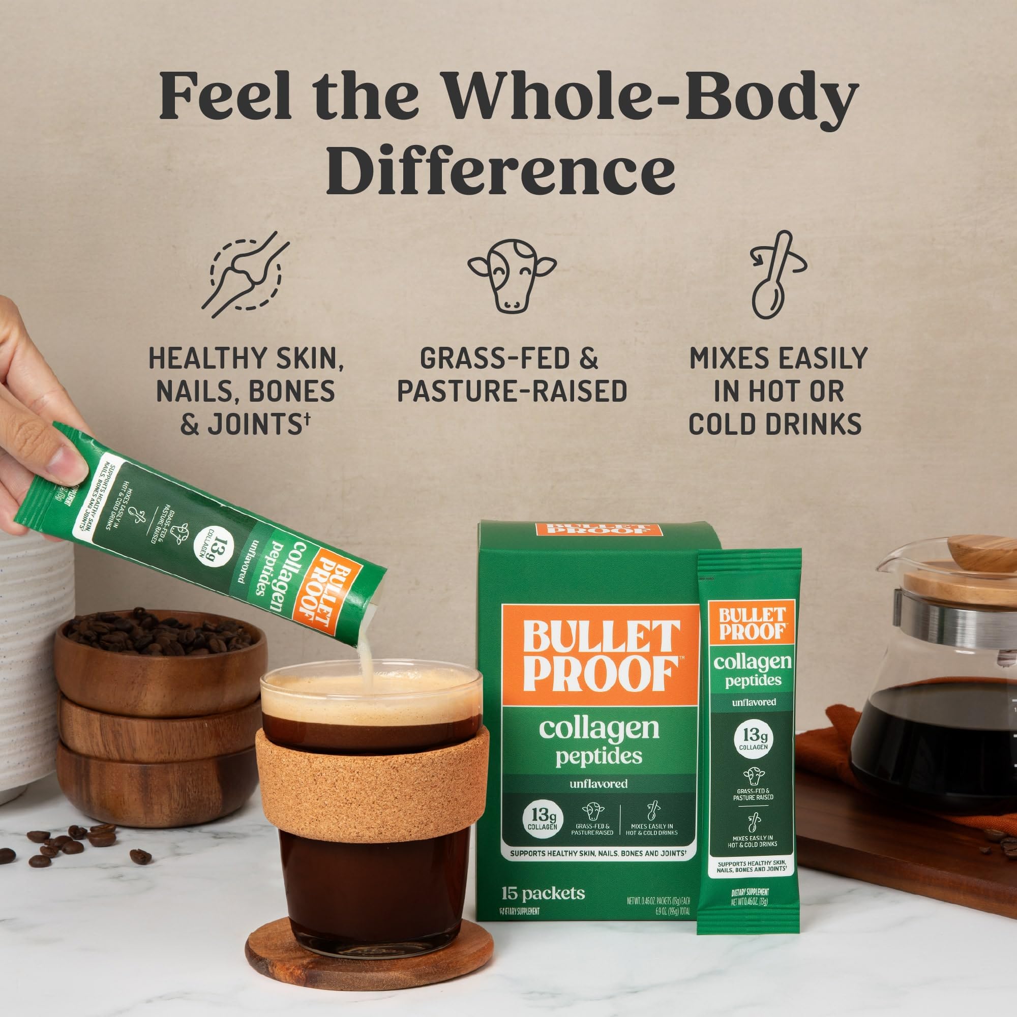 Bulletproof collagen packets on kitchen counter for daily amino acids