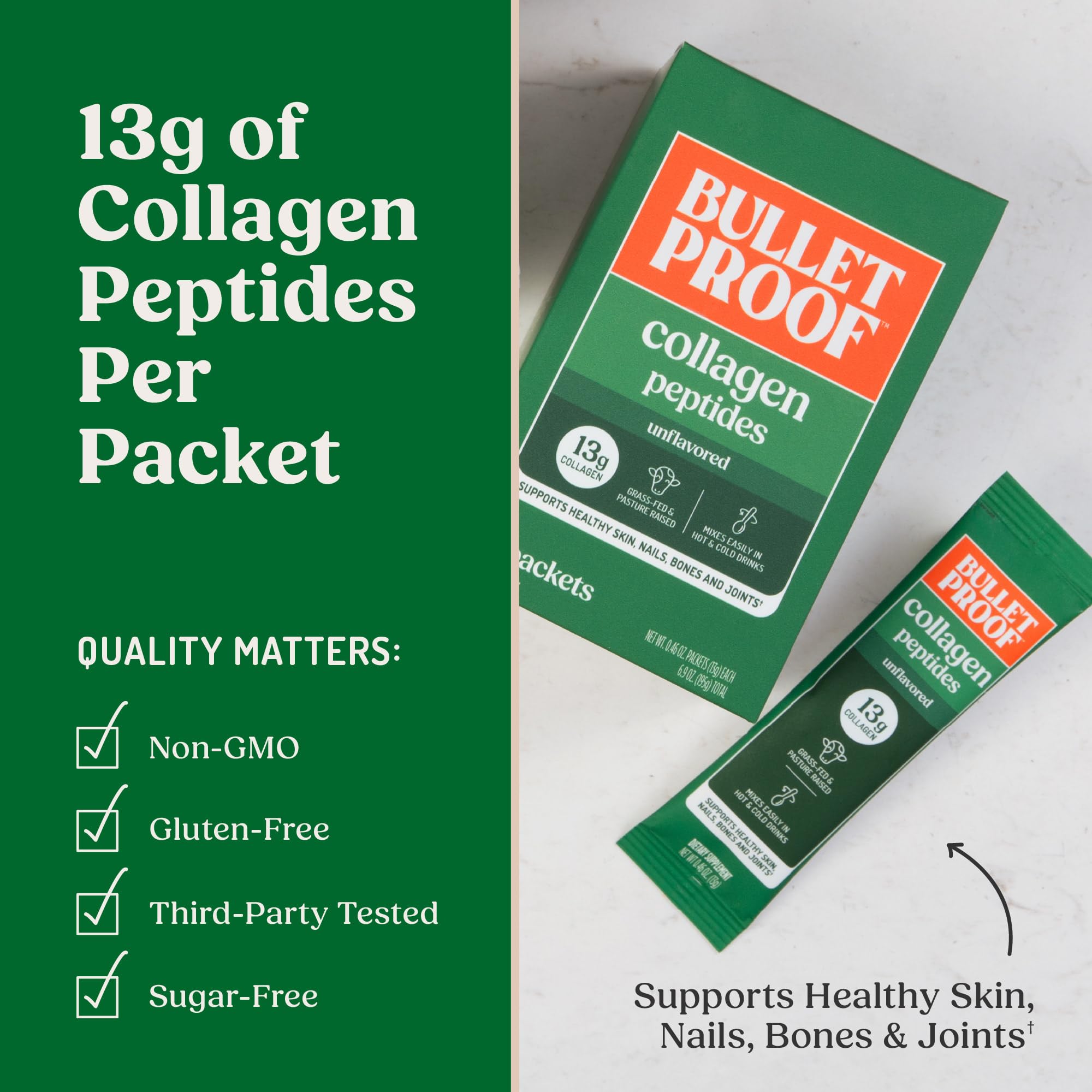 Bulletproof collagen packets added to tea or soup in busy mornings