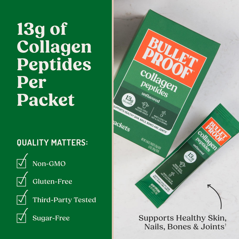 Bulletproof collagen packets added to tea or soup in busy mornings