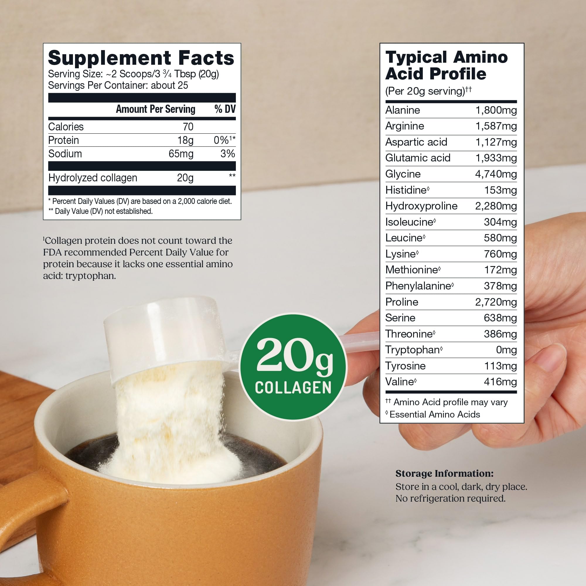 Bulletproof Collagen Peptides packaging shows 20 g per serving for protein intake.