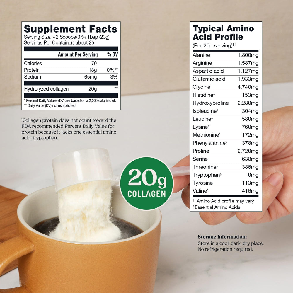 Bulletproof Collagen Peptides packaging shows 20 g per serving for protein intake.