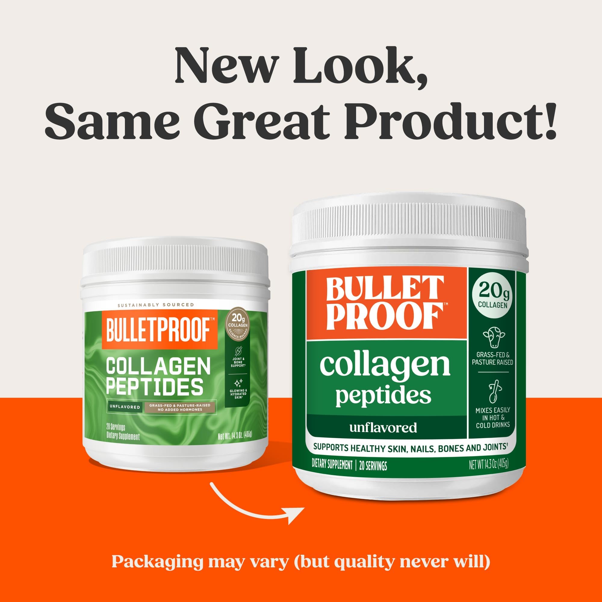 Bulletproof Collagen Peptides 20g per serving highlights high collagen content for skin and bones.
