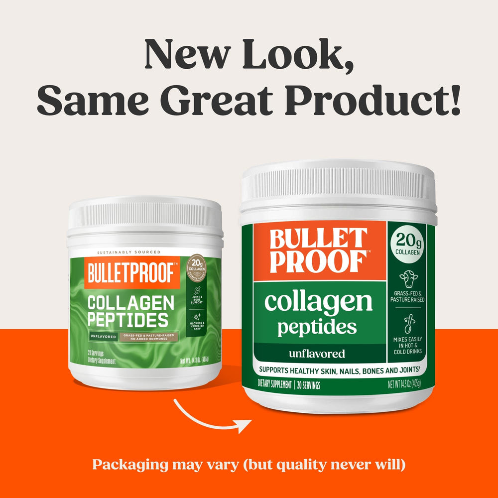 Bulletproof Collagen Peptides 20g per serving highlights high collagen content for skin and bones.