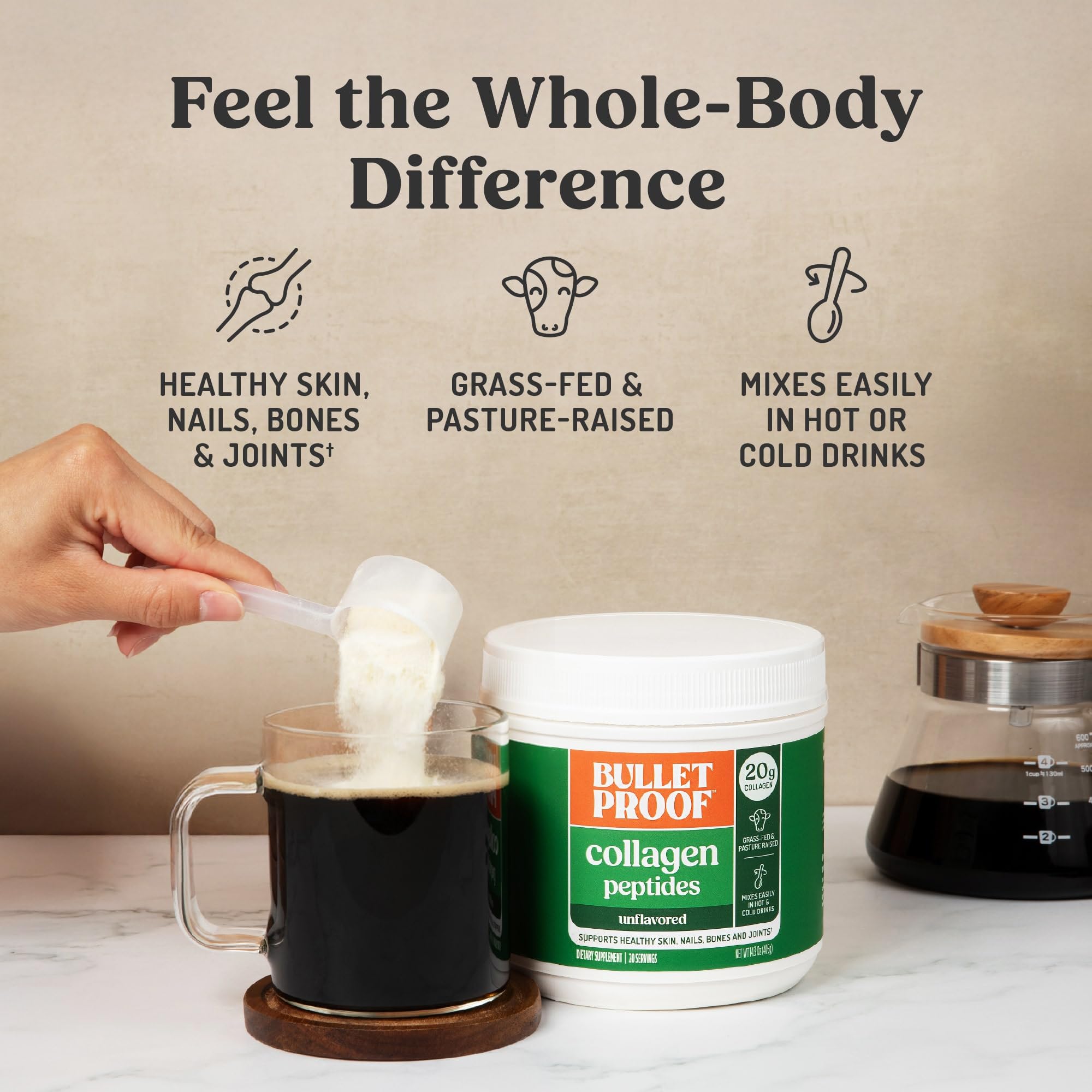 Bulletproof Collagen Peptides dissolves easily in hot or cold drinks like coffee.