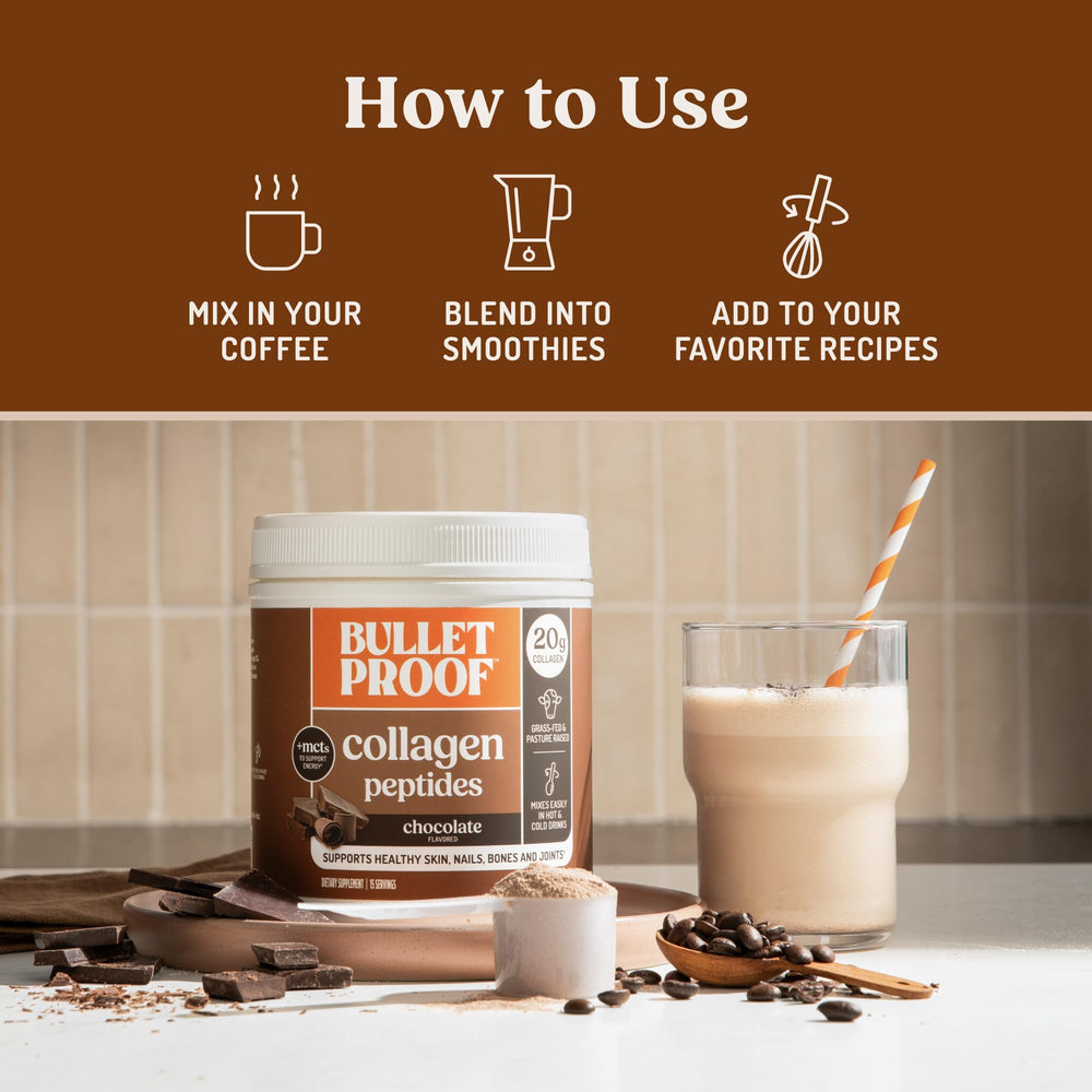 Bulletproof Collagen Peptides with MCT Oil label highlighting ingredients.