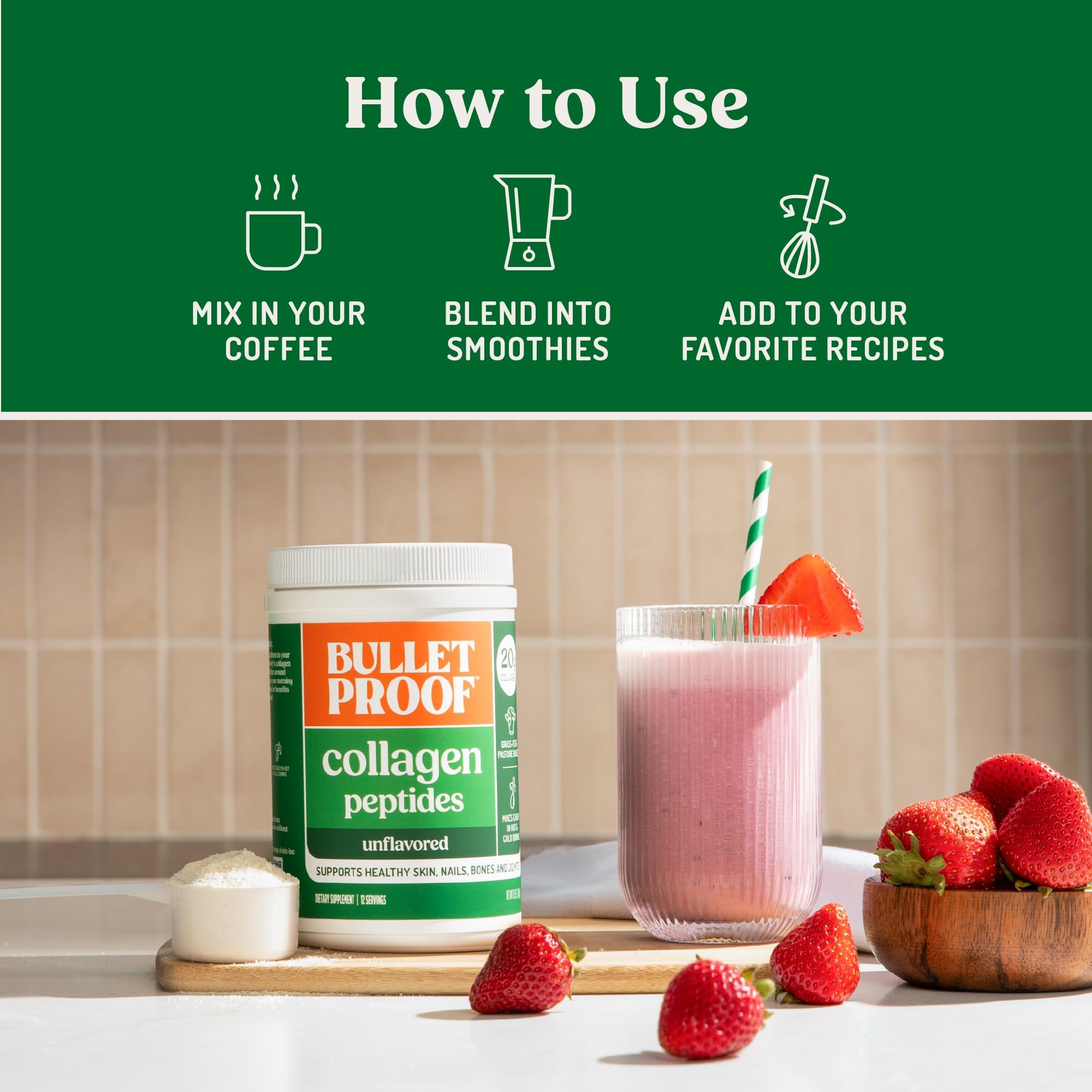 Bulletproof measuring scoop with powder ready to mix into drinks