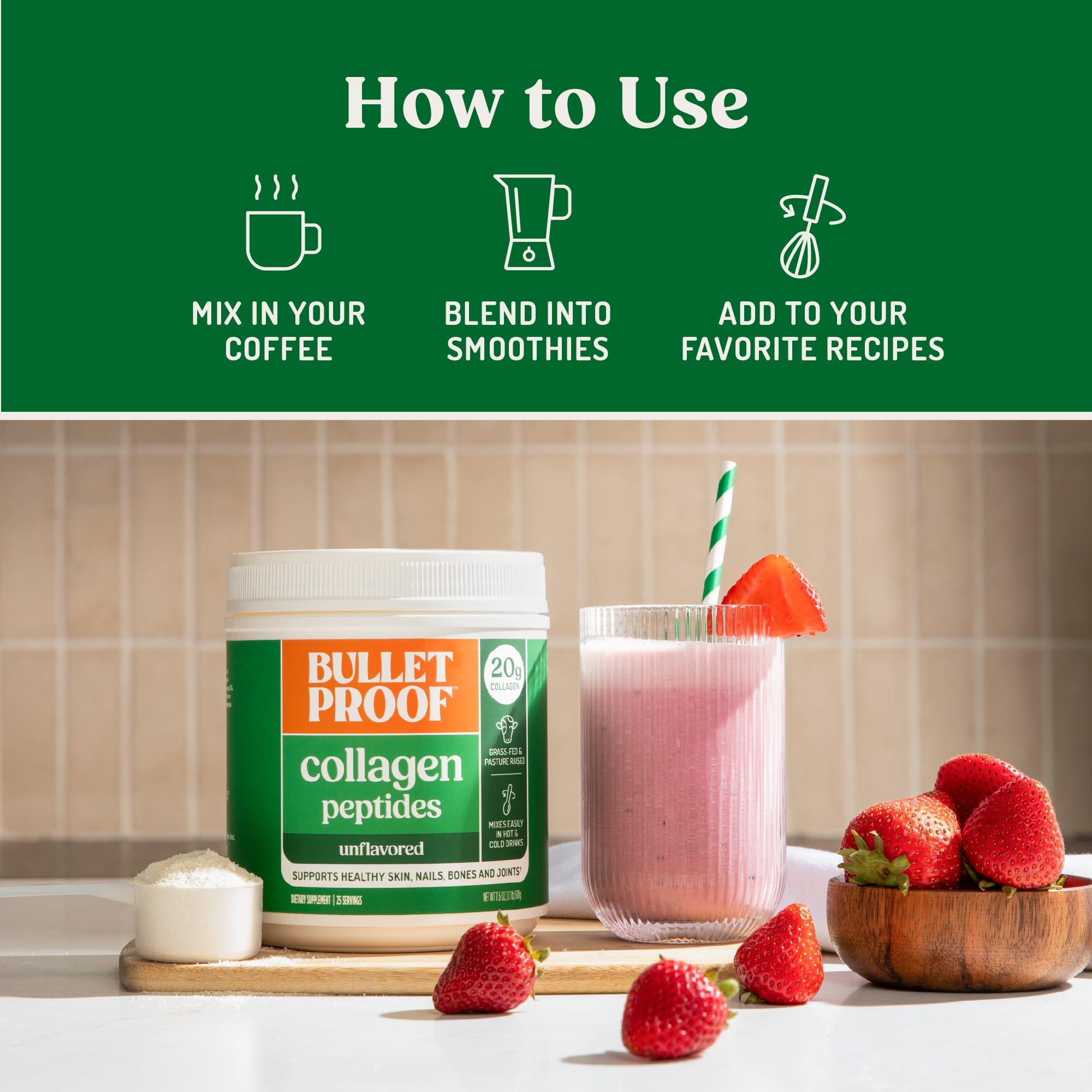 Bulletproof Collagen Peptides being stirred into coffee for easy mixing.