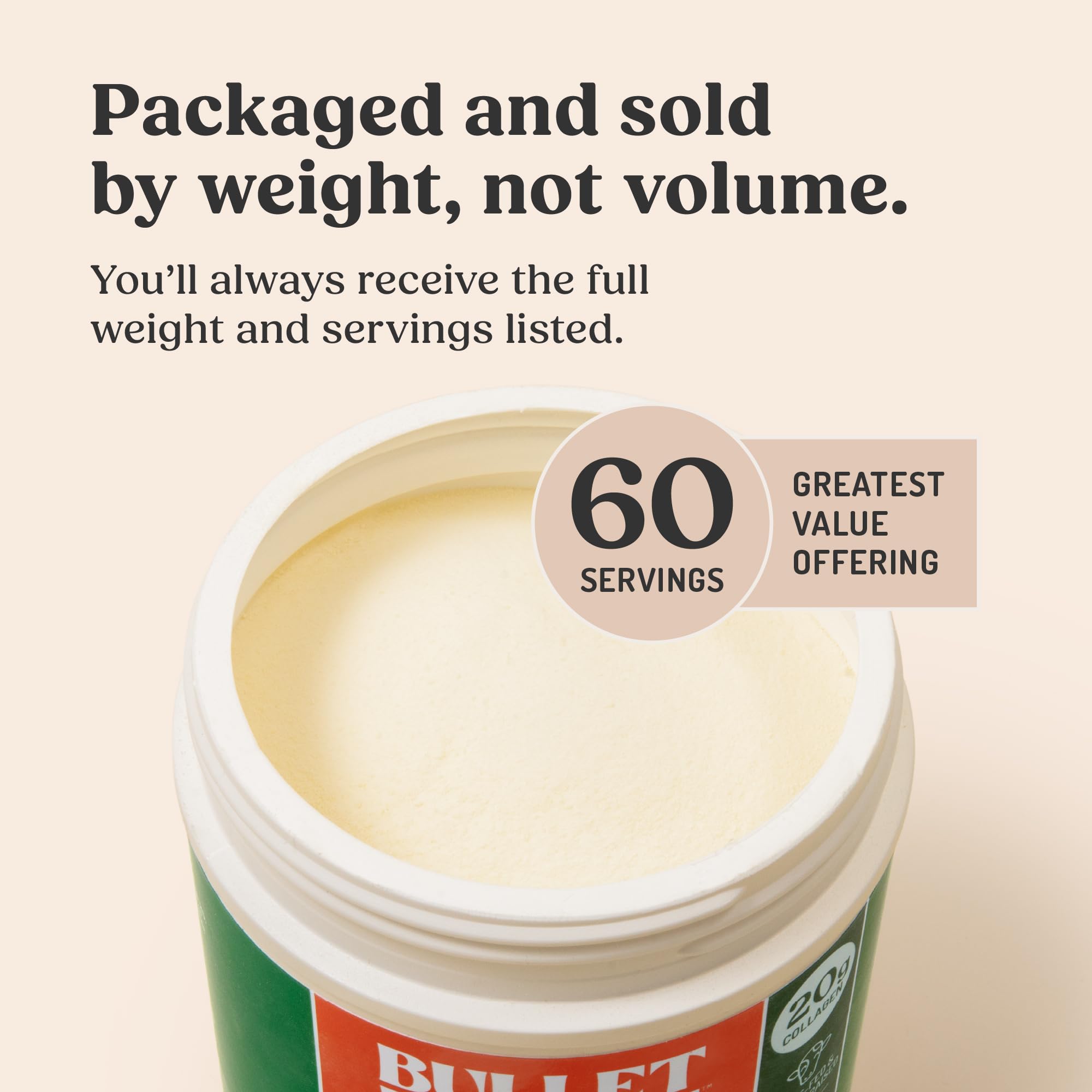 Bulletproof collagen peptides close-up emphasizes types I and III.