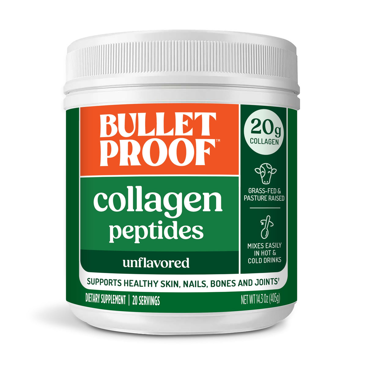 Bulletproof Collagen Peptides unflavored jar supports daily skin and joint health.