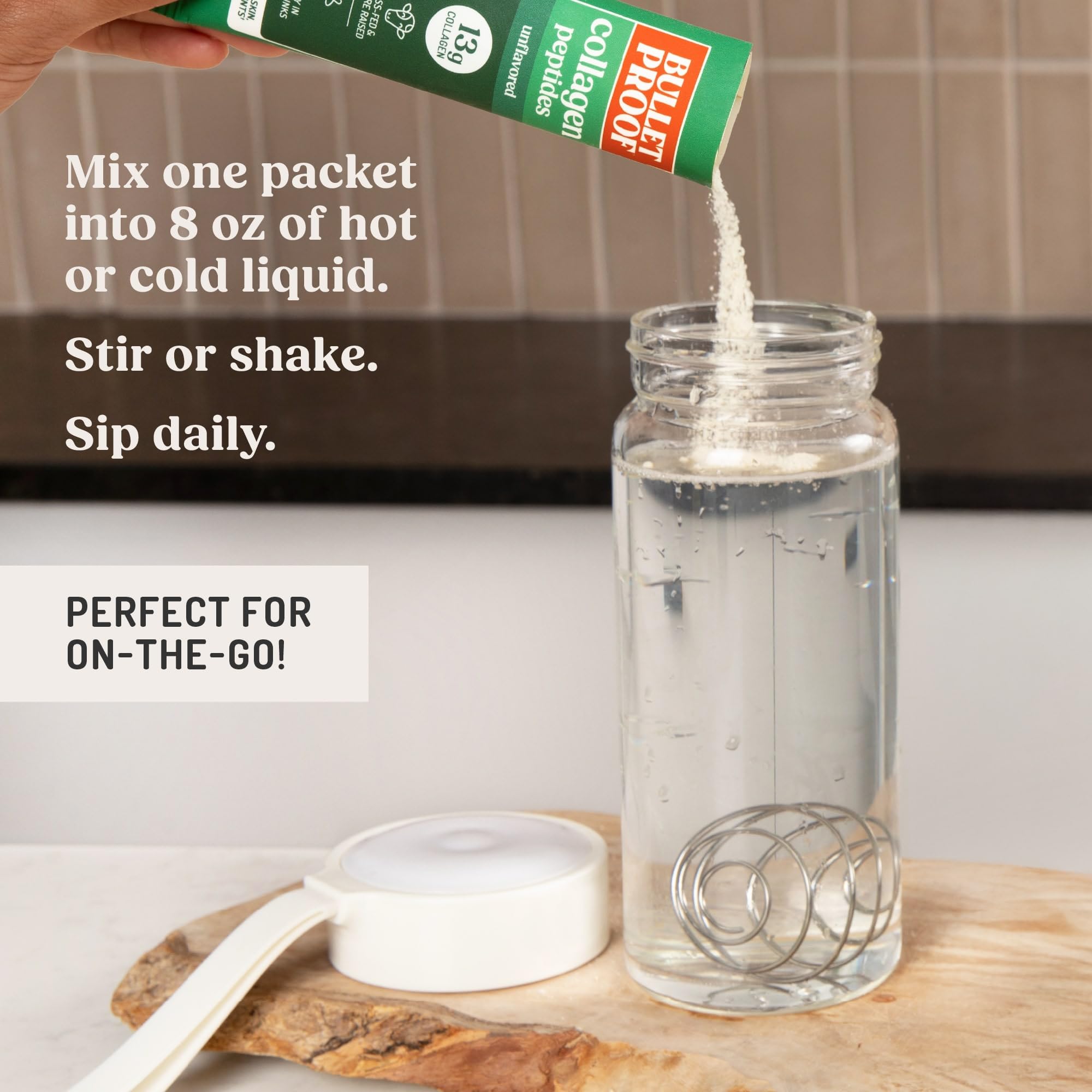 Bulletproof collagen powder scoop in cup, blends effortlessly