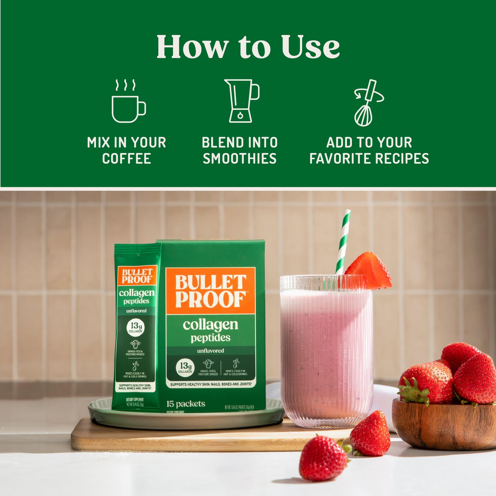 Bulletproof grass-fed collagen on counter, hormone-free source