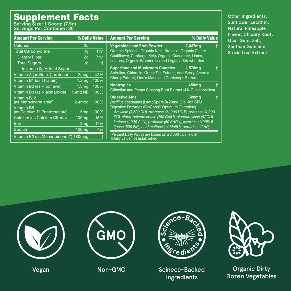 Bulletproof Greens ingredient panel emphasizes 35 ingredients and nootropics.
