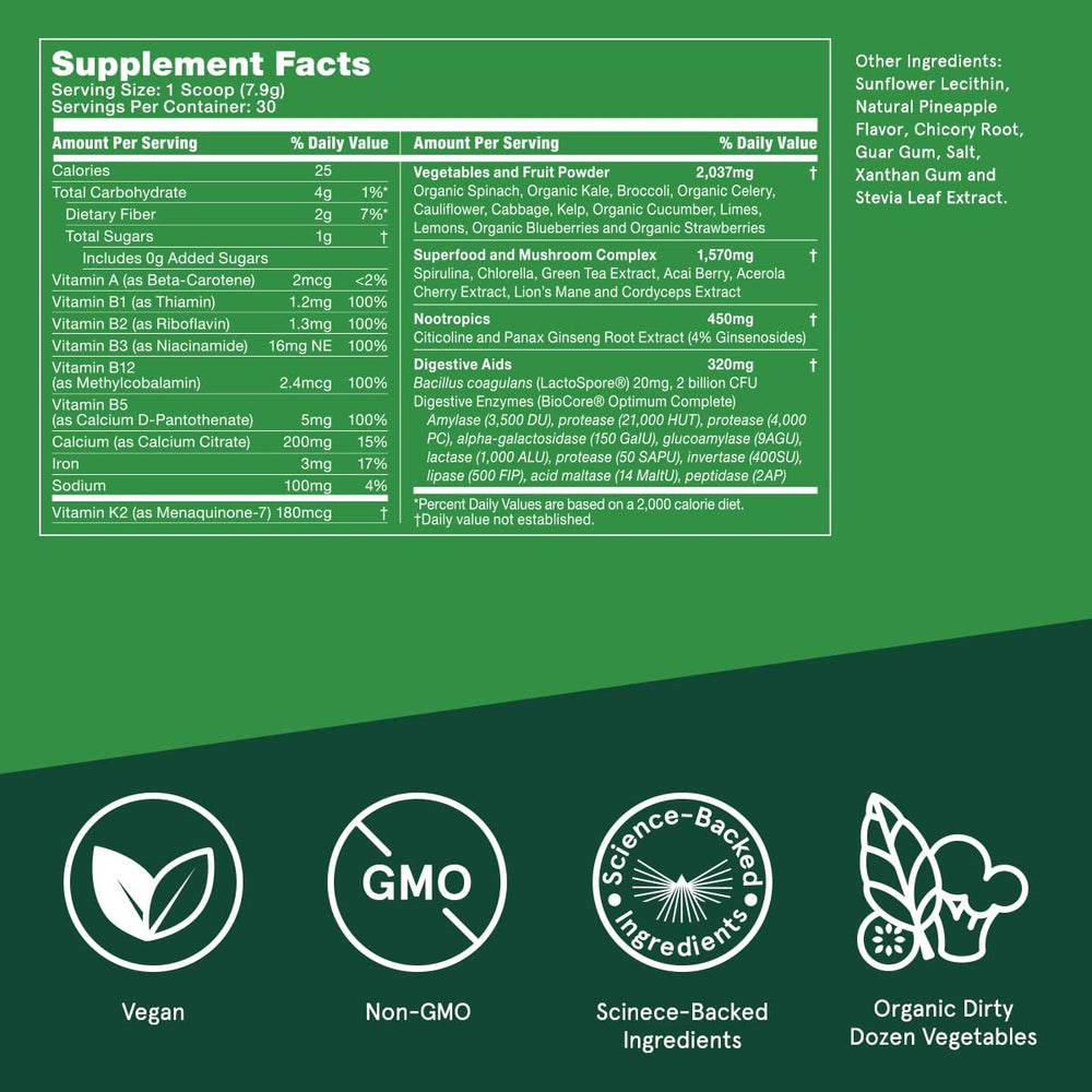 Bulletproof Greens ingredient panel emphasizes 35 ingredients and nootropics.