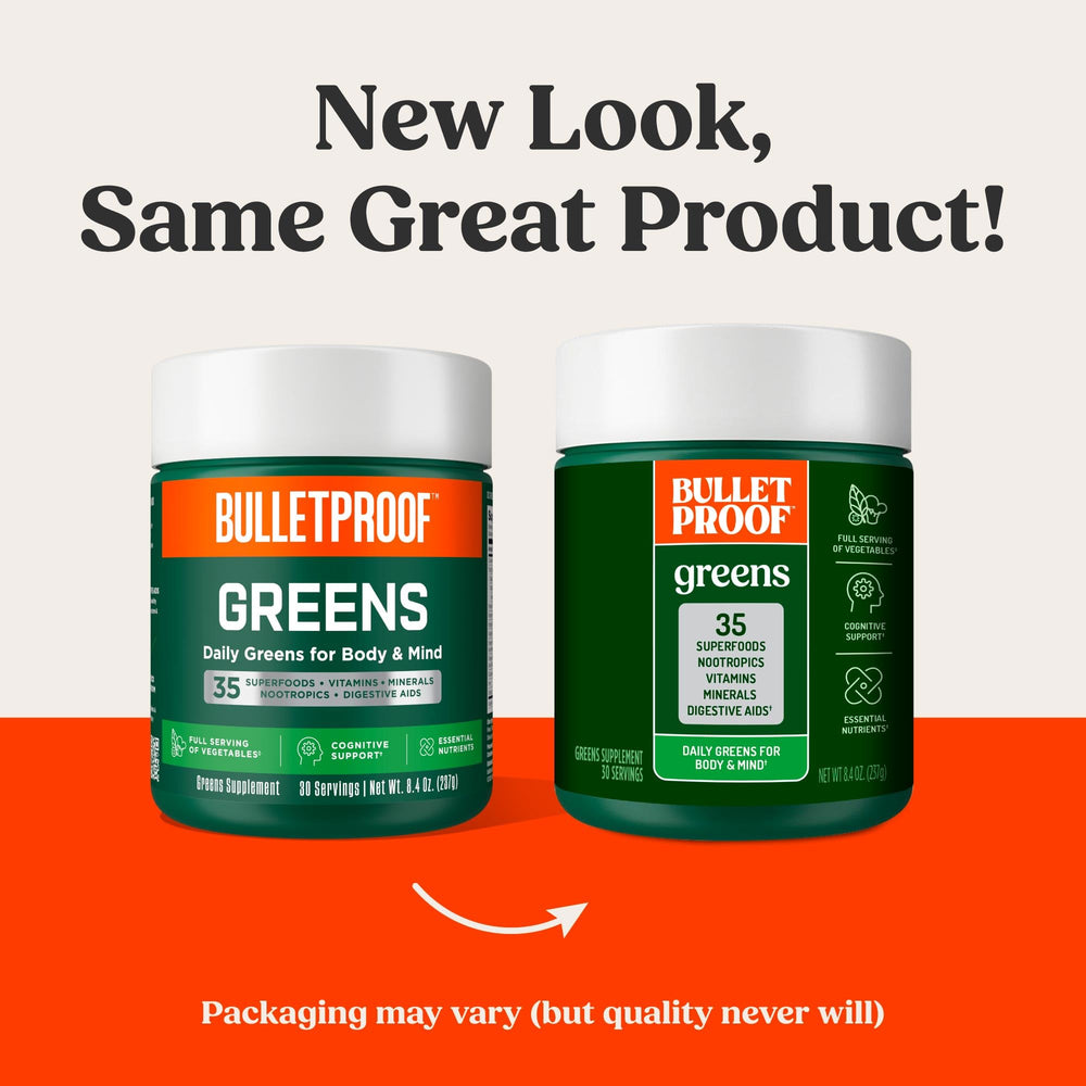 Bulletproof Greens measuring scoop highlighting convenient daily serving.