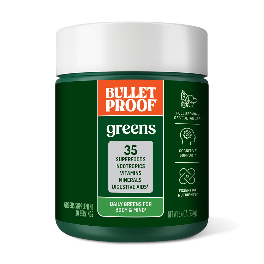 Bulletproof Greens tub front showing a full daily greens blend for wellness.
