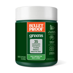 Bulletproof Greens tub front showing a full daily greens blend for wellness.