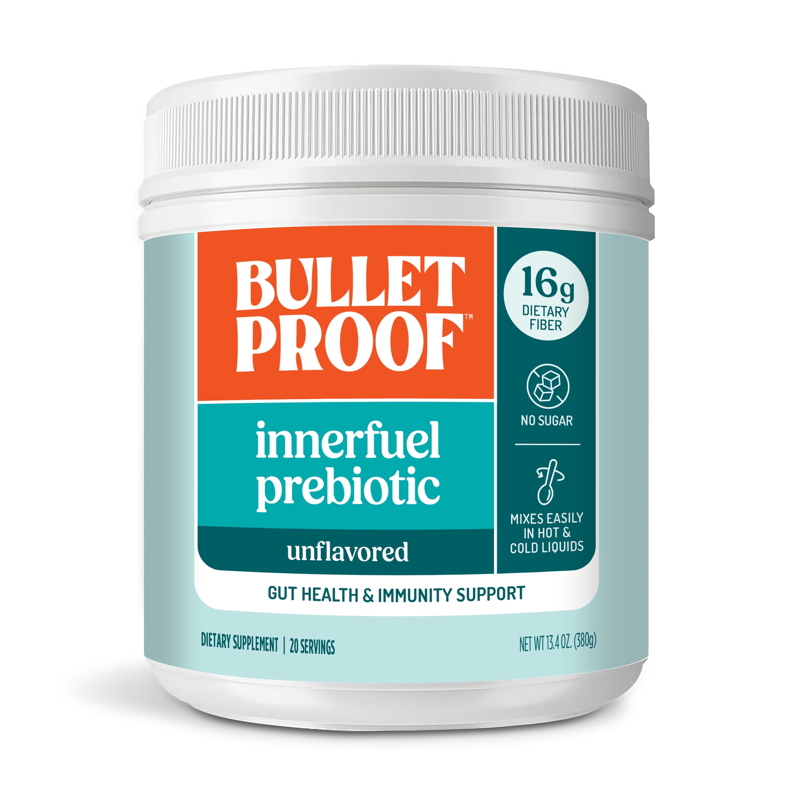 Bulletproof Innerfuel powder in a tub, highlighting plant-based prebiotics for gut health.