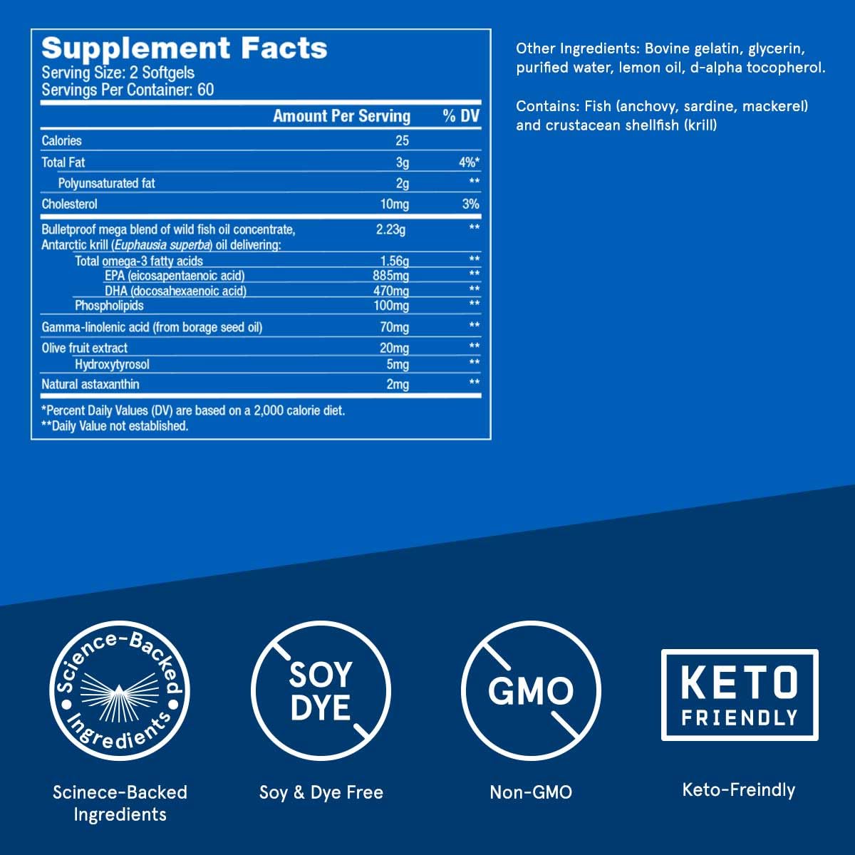 Bulletproof Lemon Omega Krill Softgels packaging, 120-count convenient daily supplement.