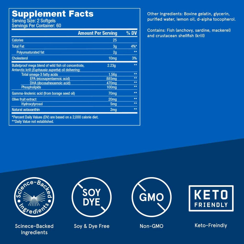 Bulletproof Lemon Omega Krill Softgels packaging, 120-count convenient daily supplement.