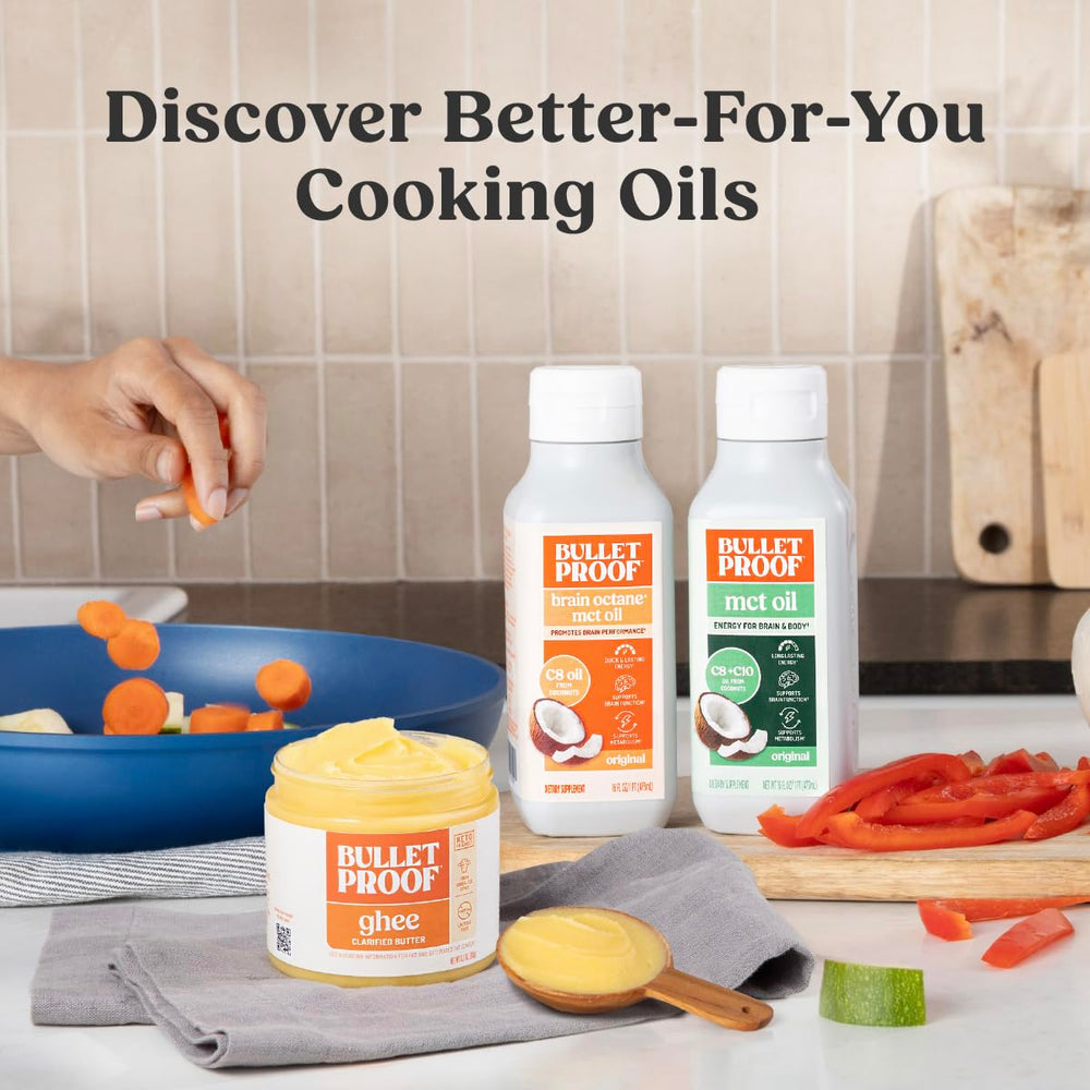 Bulletproof MCT Oil coconut origin scene reinforcing purity and non-GMO claim.