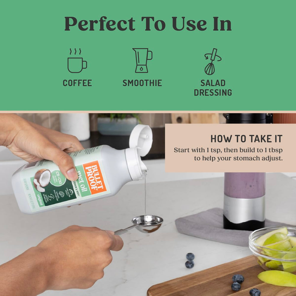 Bulletproof MCT Oil on kitchen counter with measuring spoon demonstrates precise dosing.