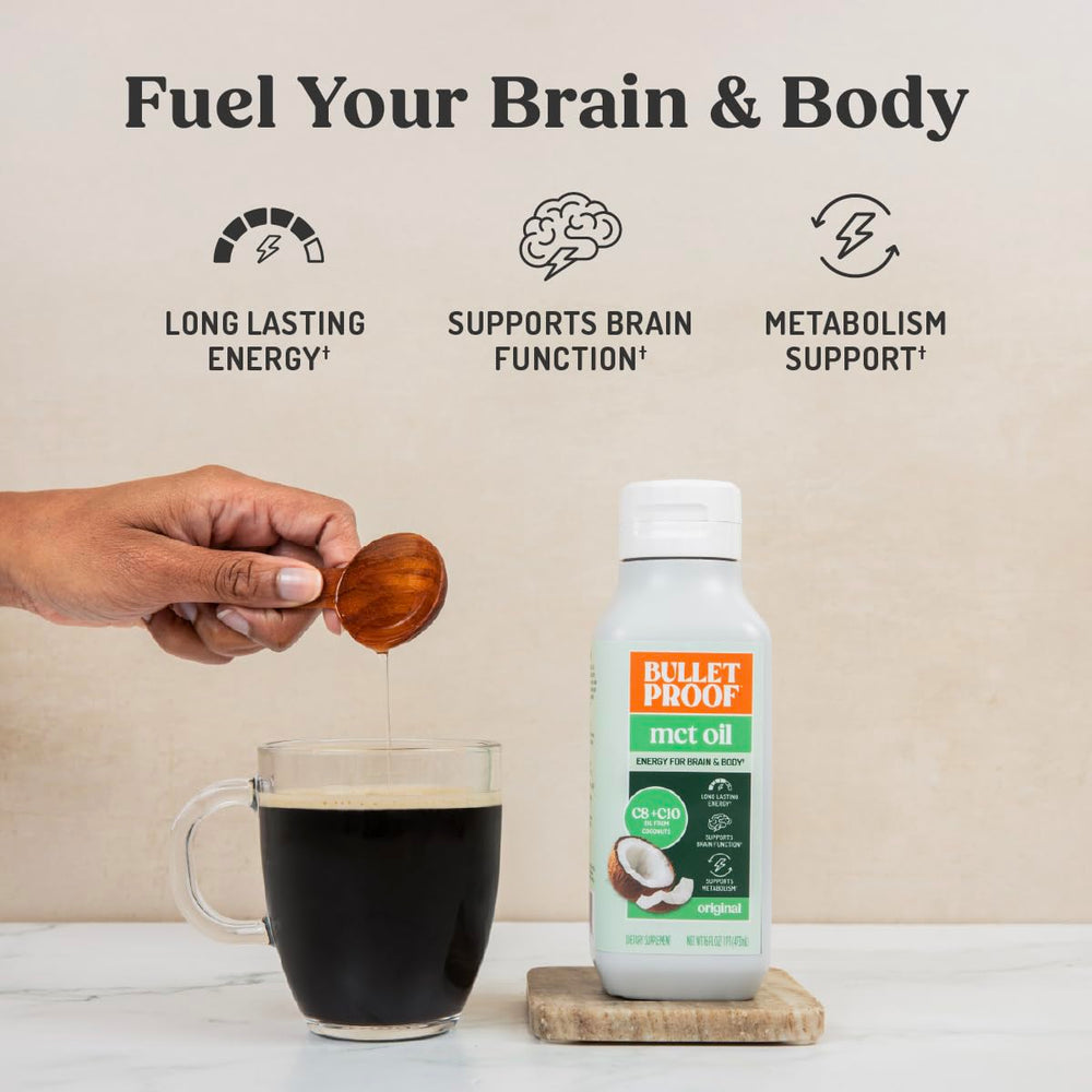 Bulletproof MCT Oil pour teaspoon into coffee for a flavorless energy boost.