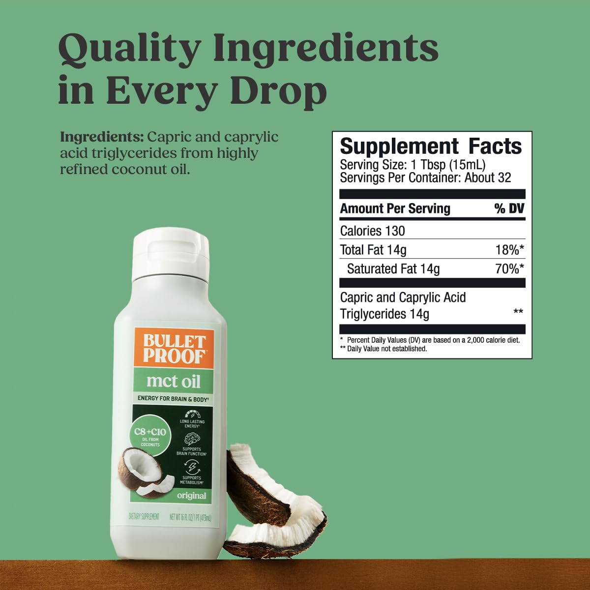 Bulletproof MCT Oil in smoothie ready setup suggests versatile recipe use.