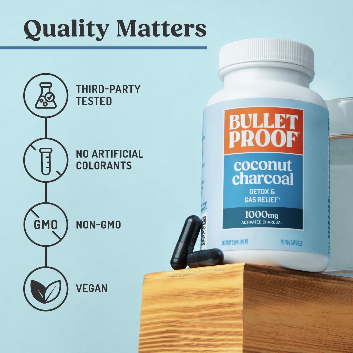 Bulletproof sugar-free, gluten-free, non-GMO supplement attributes highlighted on label