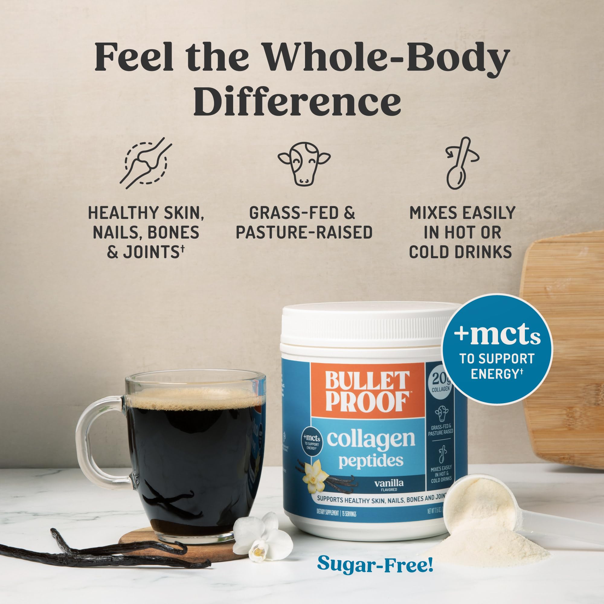 Bulletproof Vanilla Collagen Peptides added to coffee for flavor and mixability.