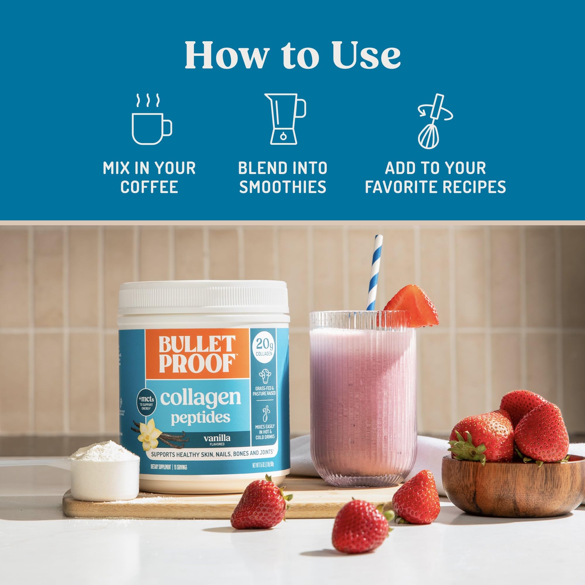 Bulletproof Vanilla Collagen Peptides in a smoothie for protein boost.