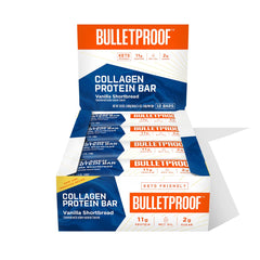 Bulletproof Vanilla Shortbread Bar pack shot; convenient keto snack for sustained energy on busy days.