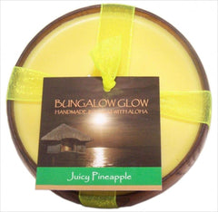Bungalow Glow Juicy Pineapple Wood Candle label close-up for tropical ambience.