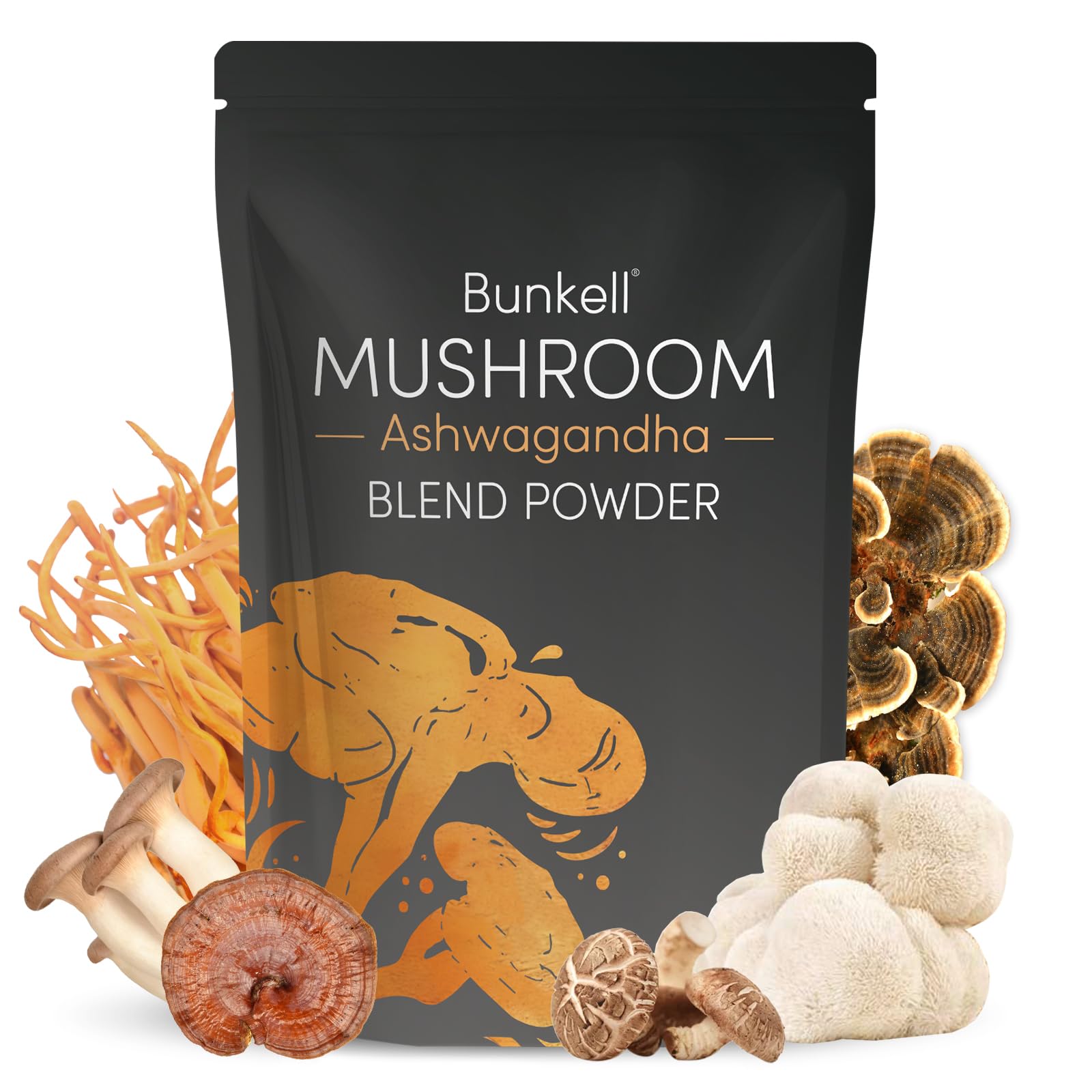 Bunkell Ashwagandha Mushroom Powder bottle, energizing daily focus.