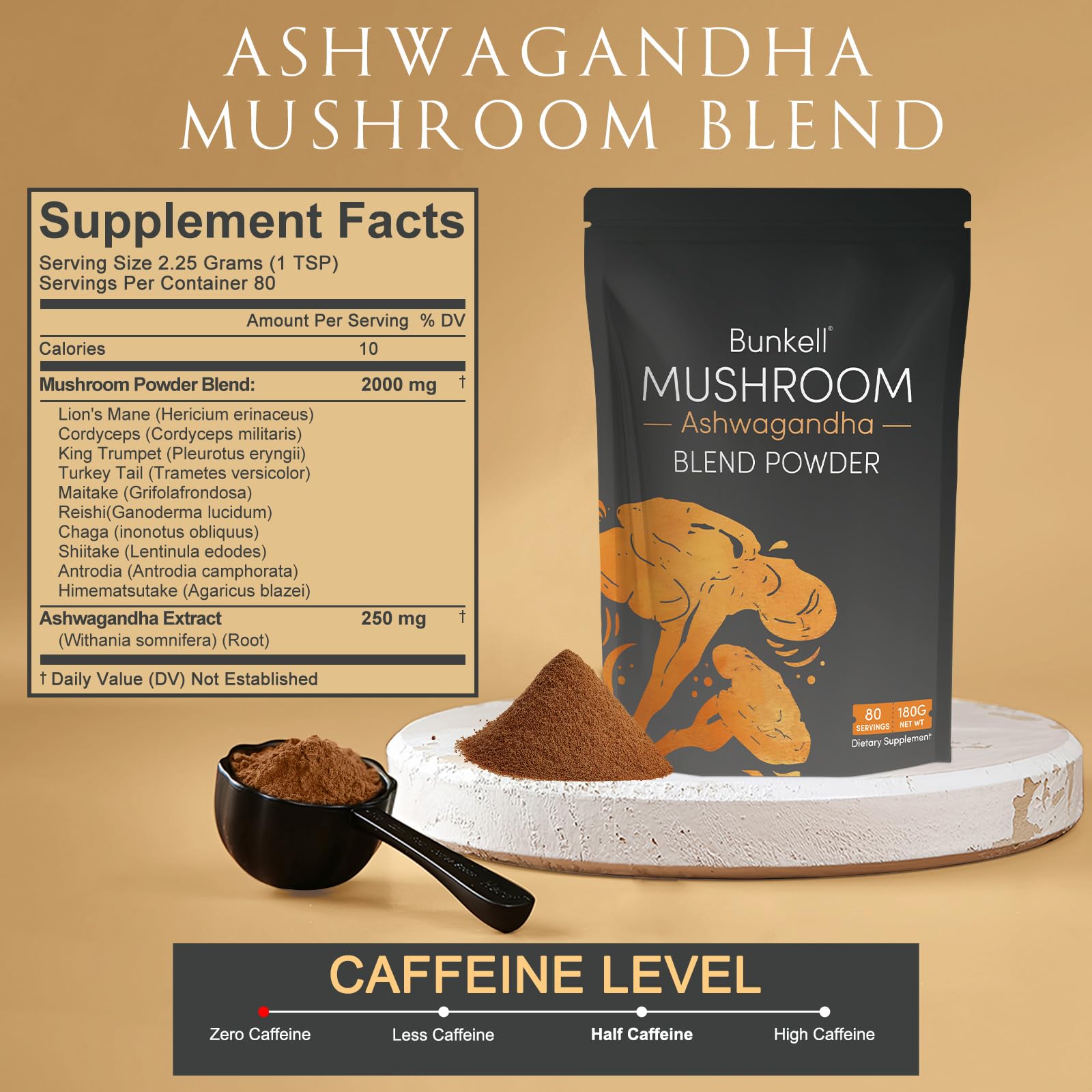 Bunkell Ashwagandha Mushroom Powder ingredients bowl shows ten-mushroom blend.