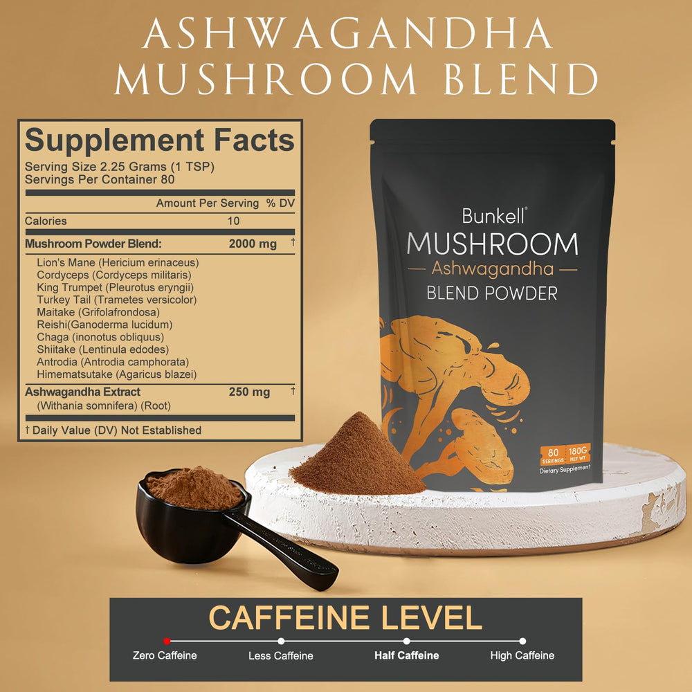 Bunkell Ashwagandha Mushroom Powder ingredients bowl shows ten-mushroom blend.
