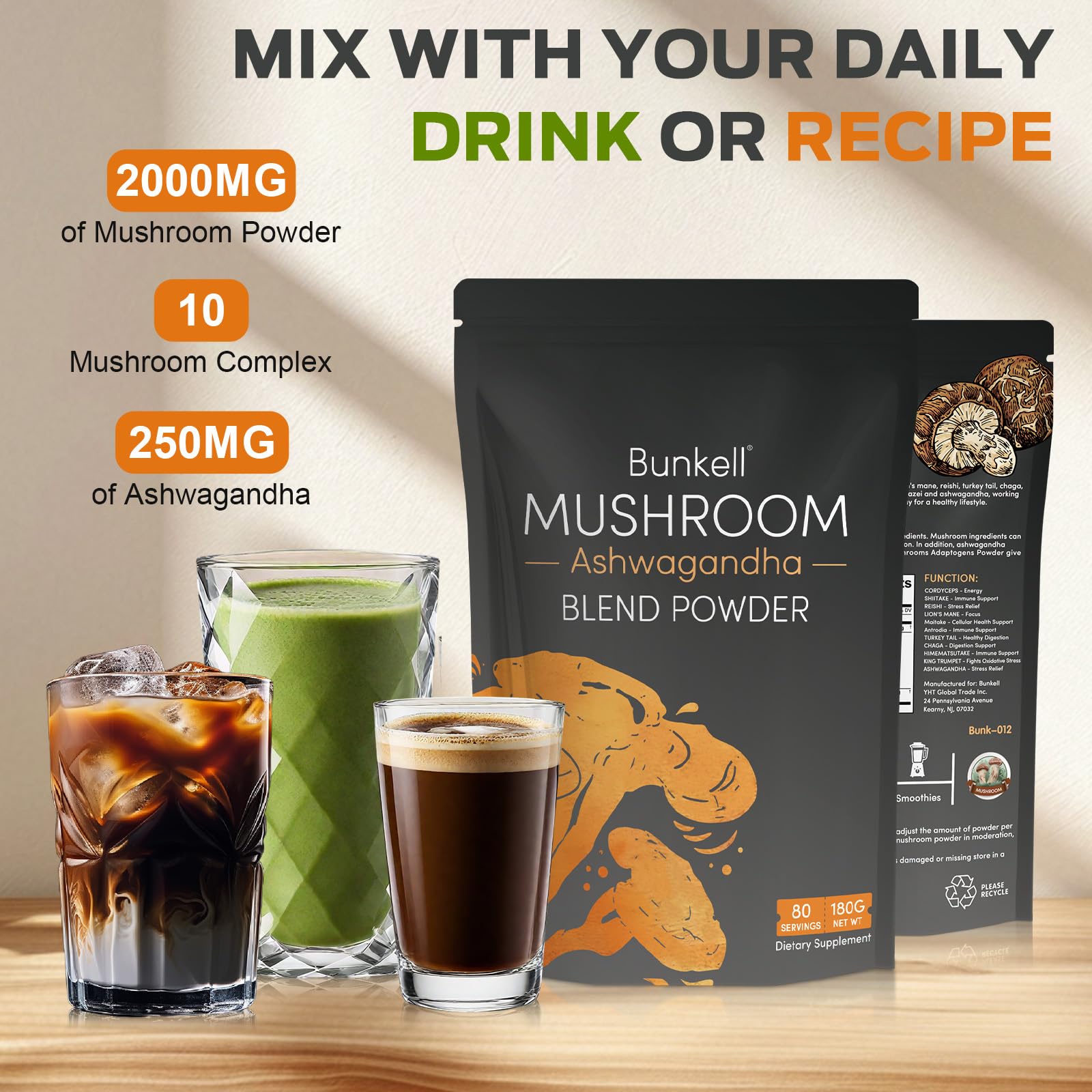 Bunkell Mushroom Powder being poured into smoothie for convenient use.