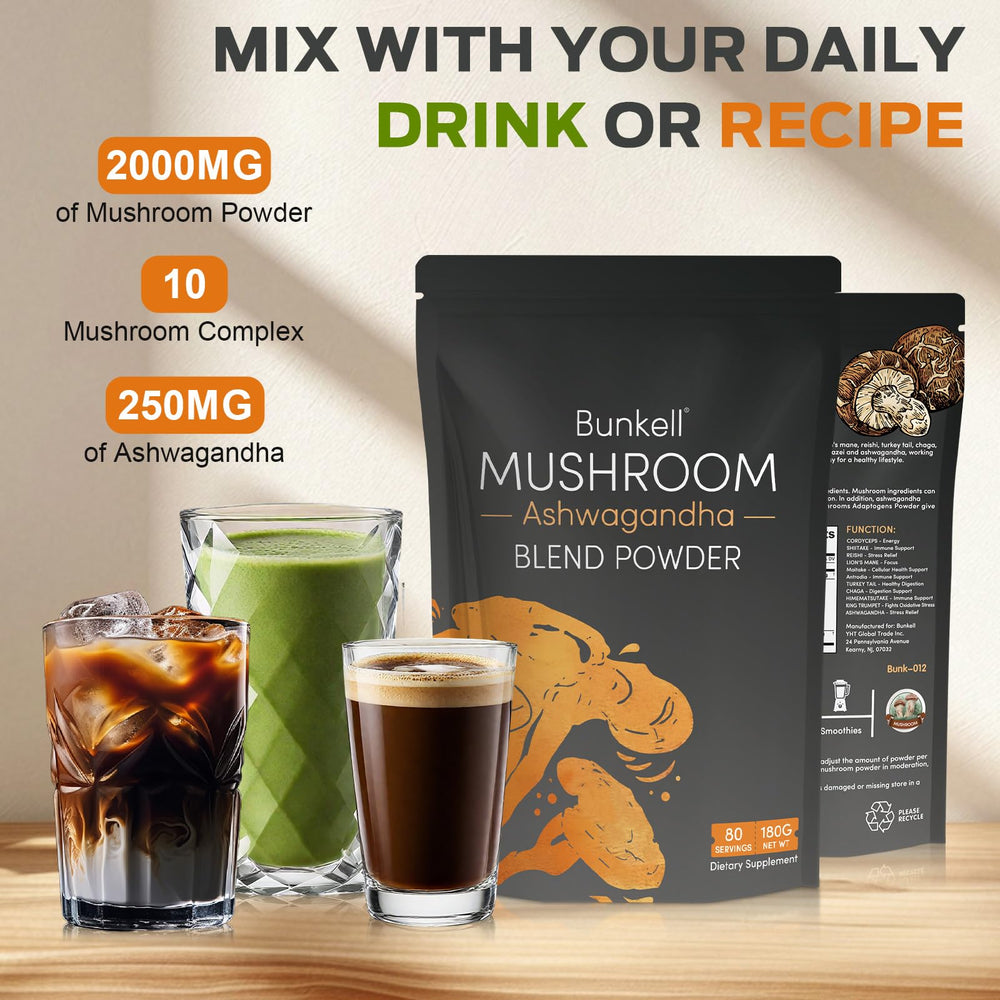 Bunkell Mushroom Powder being poured into smoothie for convenient use.