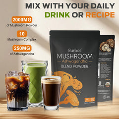 Bunkell Mushroom Powder being poured into smoothie for convenient use.
